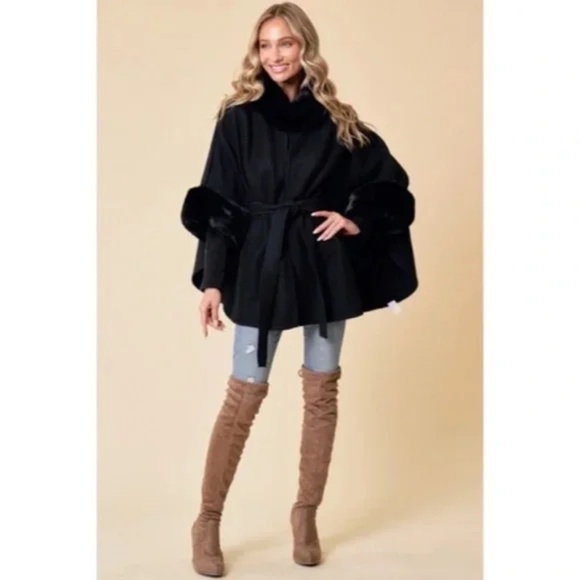 Black Solid Faux Fur Trimmed Soft Fuzzy Poncho Cape Coat Women's Fall Winter - Picture 5 of 6